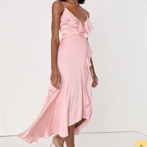 Lulus Glowing Arrival Blush Pink Wrap Midi Dress NWT